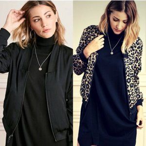 Stella & Dot REVERSIBLE Black and Leopard Print Bomber Jacket